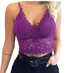 Soft floral stretch lace bralette bra cami crop bright Purple NEW!